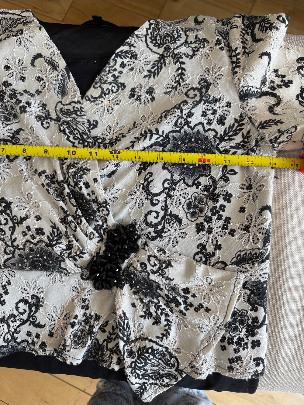 Black & Cream Lace Overlay Wrap Top dress. - Picture 7 of 12